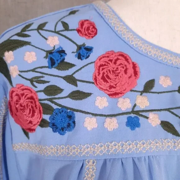 Women's Floral Embroidered Tunic Top Size Small Pleated CottageCore Blue - Picture 6 of 16